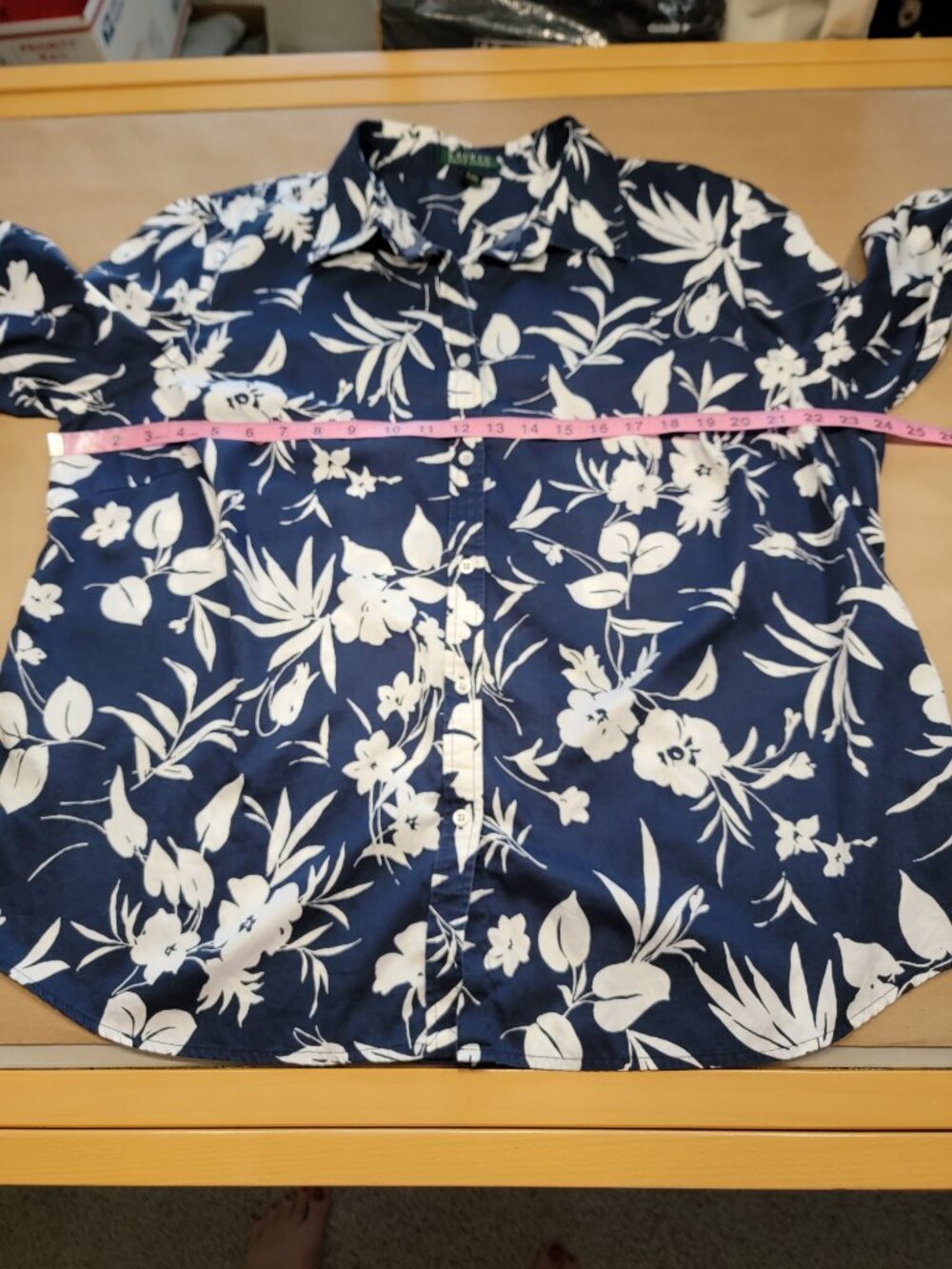 Lauren Ralph Lauren Size 2X Navy Blue w/ White Floral Button Down Shirt - Picture 5 of 11